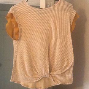 Mustard color and white stripped blouse.